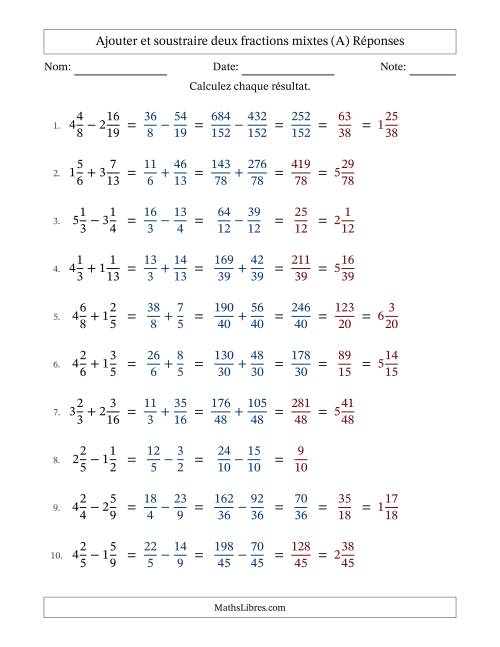 Ajouter et soustraire deux fractions mixtes avec dénominateurs différents, résultats sous fractions mixtes et quelque simplification (A) page 2