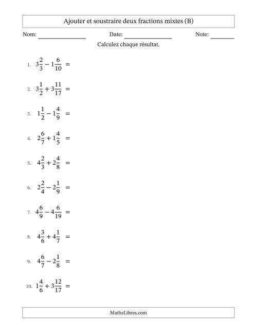 Ajouter et soustraire deux fractions mixtes avec dénominateurs différents, résultats sous fractions mixtes et quelque simplification (B)