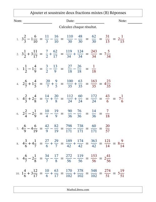 Ajouter et soustraire deux fractions mixtes avec dénominateurs différents, résultats sous fractions mixtes et quelque simplification (B) page 2