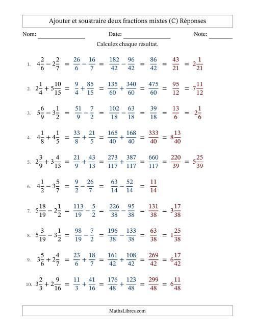 Ajouter et soustraire deux fractions mixtes avec dénominateurs différents, résultats sous fractions mixtes et quelque simplification (C) page 2