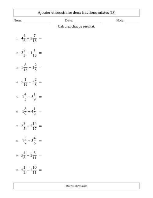 Ajouter et soustraire deux fractions mixtes avec dénominateurs différents, résultats sous fractions mixtes et quelque simplification (D)