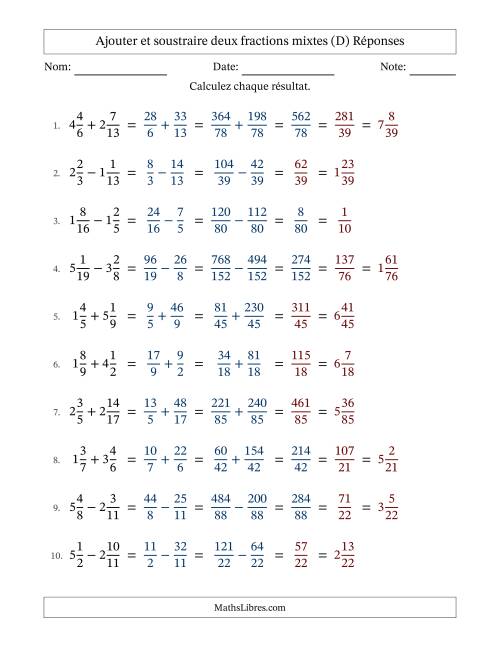 Ajouter et soustraire deux fractions mixtes avec dénominateurs différents, résultats sous fractions mixtes et quelque simplification (D) page 2