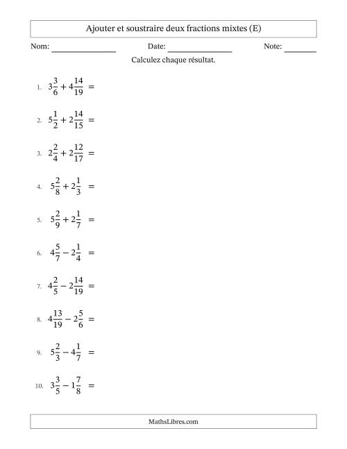 Ajouter et soustraire deux fractions mixtes avec dénominateurs différents, résultats sous fractions mixtes et quelque simplification (E)