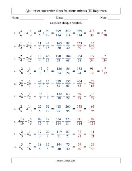 Ajouter et soustraire deux fractions mixtes avec dénominateurs différents, résultats sous fractions mixtes et quelque simplification (E) page 2