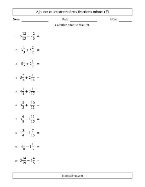 Ajouter et soustraire deux fractions mixtes avec dénominateurs différents, résultats sous fractions mixtes et quelque simplification (F)