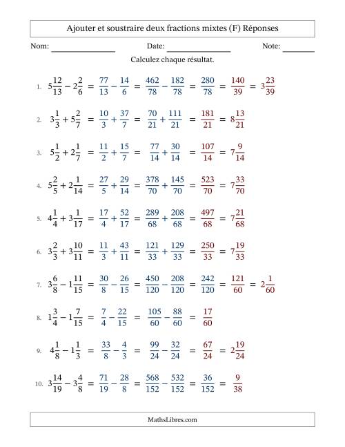 Ajouter et soustraire deux fractions mixtes avec dénominateurs différents, résultats sous fractions mixtes et quelque simplification (F) page 2