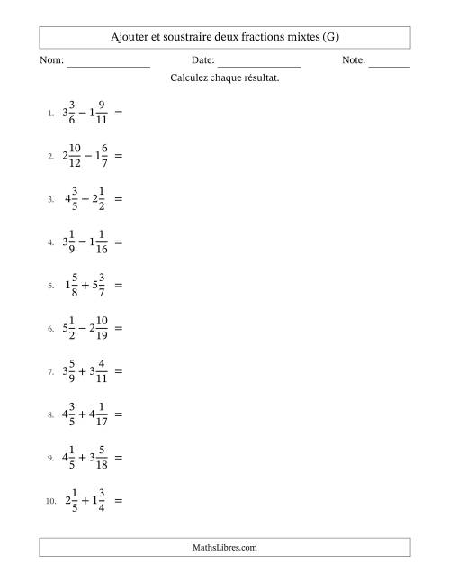 Ajouter et soustraire deux fractions mixtes avec dénominateurs différents, résultats sous fractions mixtes et quelque simplification (G)
