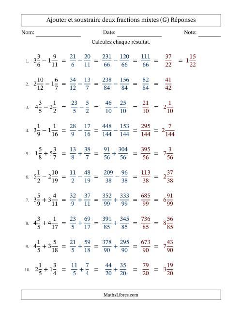 Ajouter et soustraire deux fractions mixtes avec dénominateurs différents, résultats sous fractions mixtes et quelque simplification (G) page 2