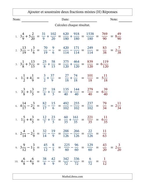 Ajouter et soustraire deux fractions mixtes avec dénominateurs différents, résultats sous fractions mixtes et quelque simplification (H) page 2