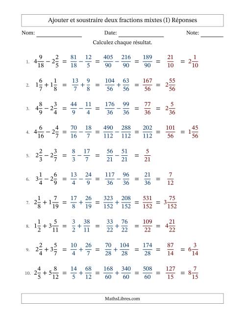 Ajouter et soustraire deux fractions mixtes avec dénominateurs différents, résultats sous fractions mixtes et quelque simplification (I) page 2