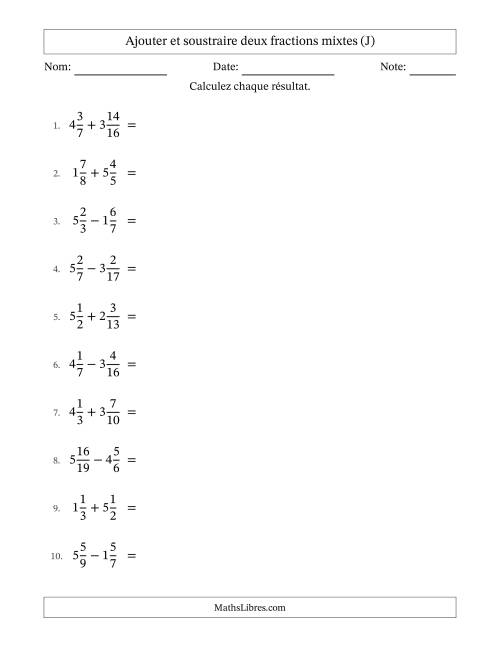Ajouter et soustraire deux fractions mixtes avec dénominateurs différents, résultats sous fractions mixtes et quelque simplification (J)