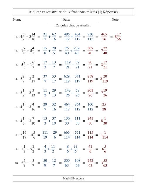 Ajouter et soustraire deux fractions mixtes avec dénominateurs différents, résultats sous fractions mixtes et quelque simplification (J) page 2