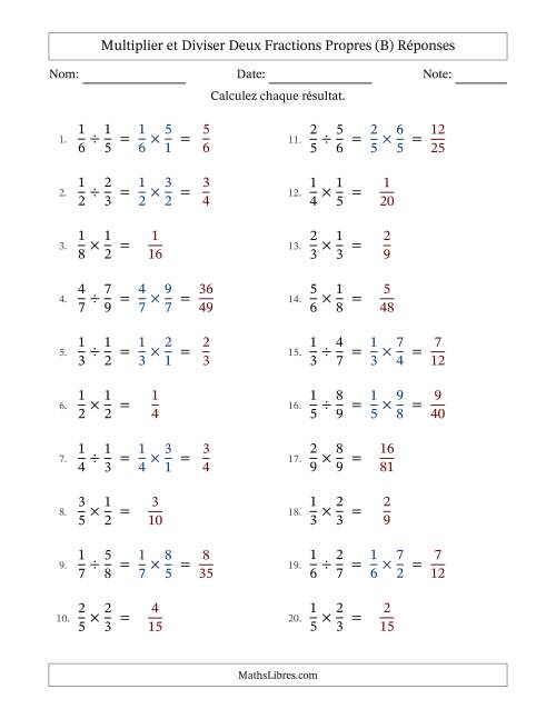 Multiplier et diviser deux fractions propres, et sans simplification (B) page 2
