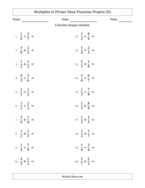Multiplier et diviser deux fractions propres, et sans simplification (H)