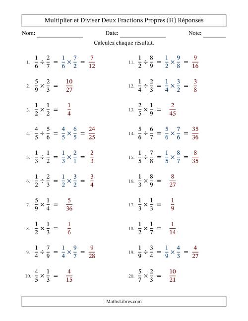 Multiplier et diviser deux fractions propres, et sans simplification (H) page 2