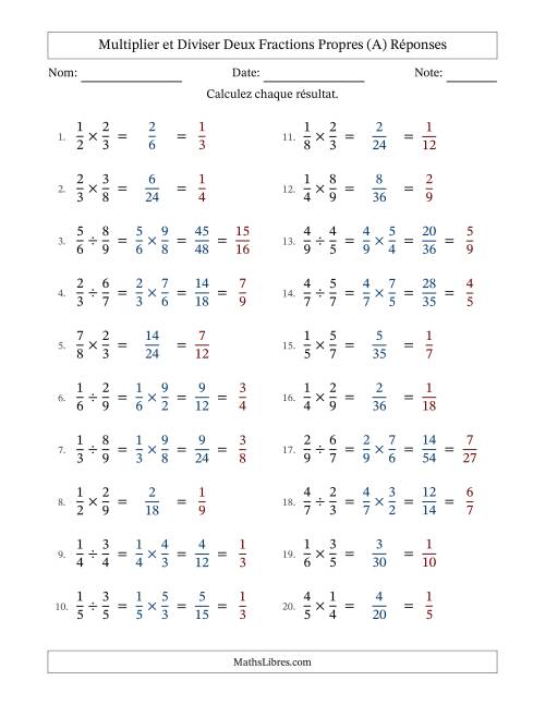 Multiplier et diviser deux fractions propres, et avec simplification dans tous les problèmes (A) page 2