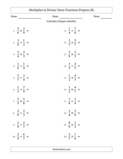Multiplier et diviser deux fractions propres, et avec simplification dans tous les problèmes (B)