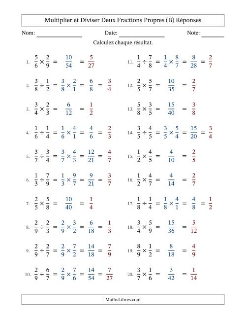 Multiplier et diviser deux fractions propres, et avec simplification dans tous les problèmes (B) page 2