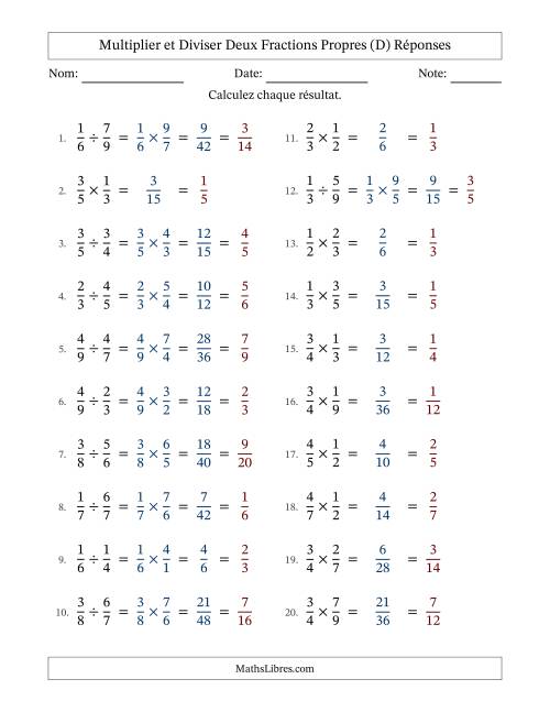 Multiplier et diviser deux fractions propres, et avec simplification dans tous les problèmes (D) page 2