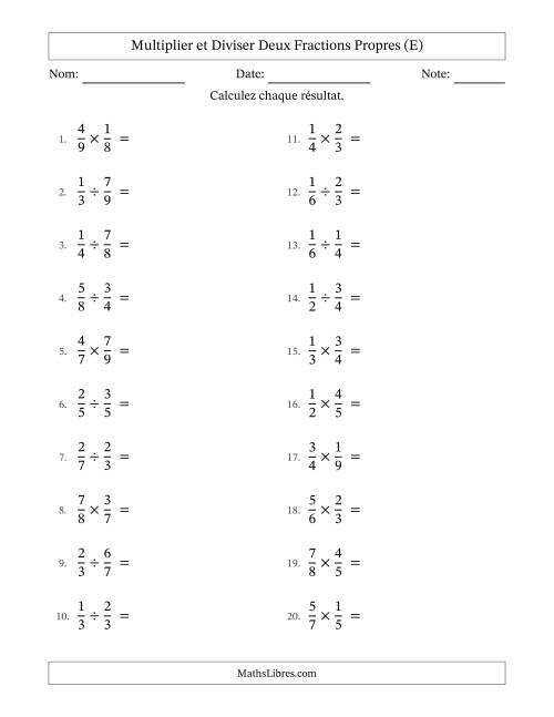 Multiplier et diviser deux fractions propres, et avec simplification dans tous les problèmes (E)