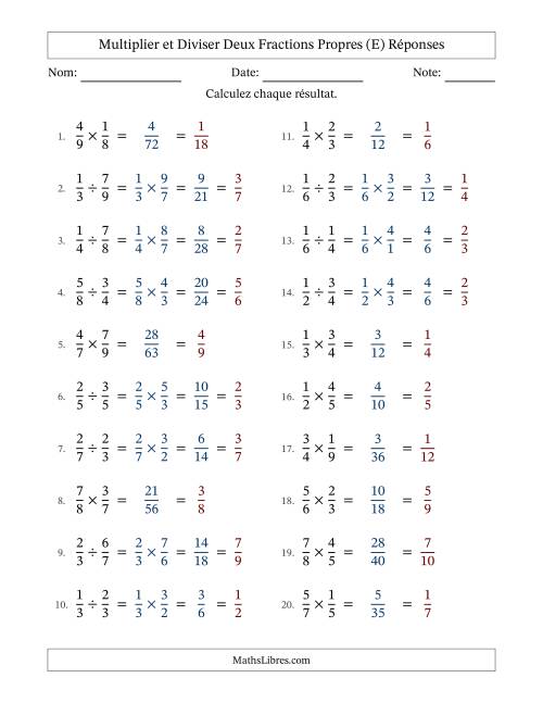 Multiplier et diviser deux fractions propres, et avec simplification dans tous les problèmes (E) page 2