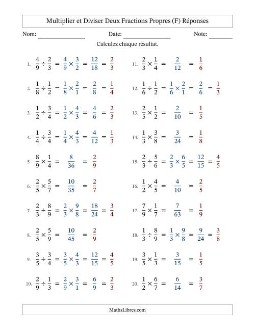 Multiplier et diviser deux fractions propres, et avec simplification dans tous les problèmes (F) page 2