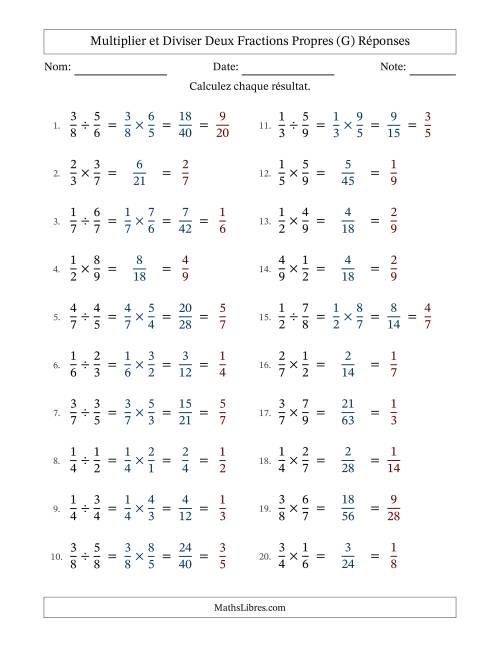 Multiplier et diviser deux fractions propres, et avec simplification dans tous les problèmes (G) page 2