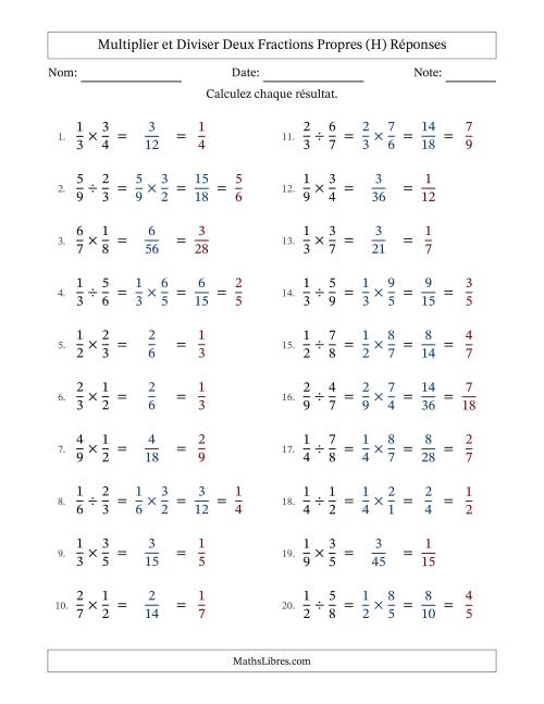 Multiplier et diviser deux fractions propres, et avec simplification dans tous les problèmes (H) page 2