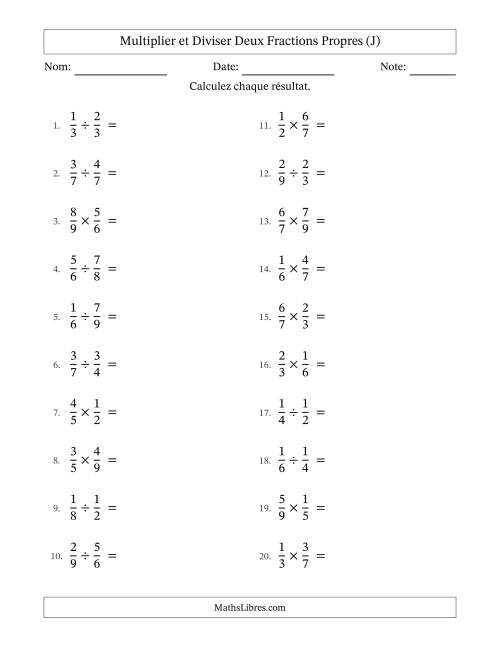 Multiplier et diviser deux fractions propres, et avec simplification dans tous les problèmes (J)
