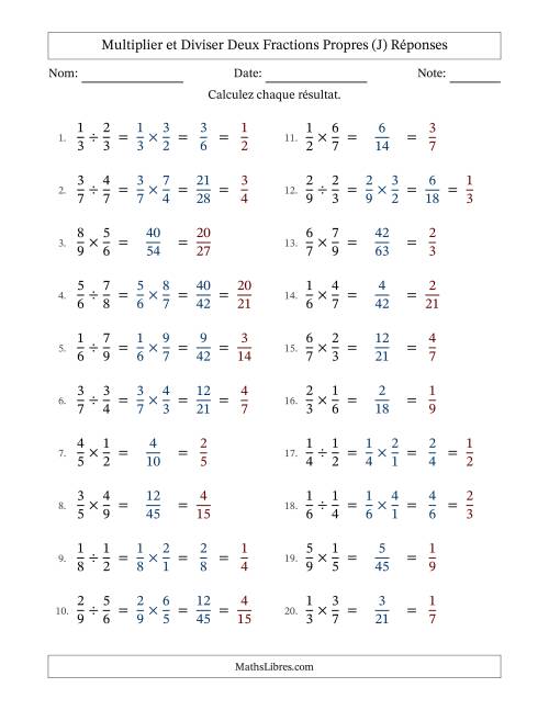 Multiplier et diviser deux fractions propres, et avec simplification dans tous les problèmes (J) page 2