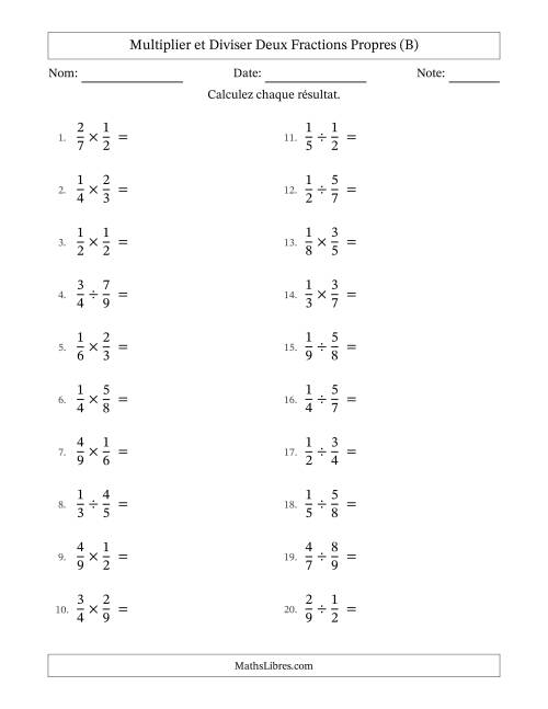 Multiplier et diviser deux fractions propres, et avec simplification dans quelques problèmes (B)