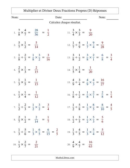 Multiplier et diviser deux fractions propres, et avec simplification dans quelques problèmes (D) page 2