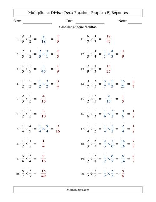 Multiplier et diviser deux fractions propres, et avec simplification dans quelques problèmes (E) page 2