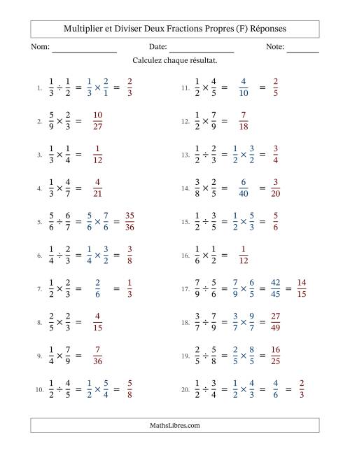 Multiplier et diviser deux fractions propres, et avec simplification dans quelques problèmes (F) page 2