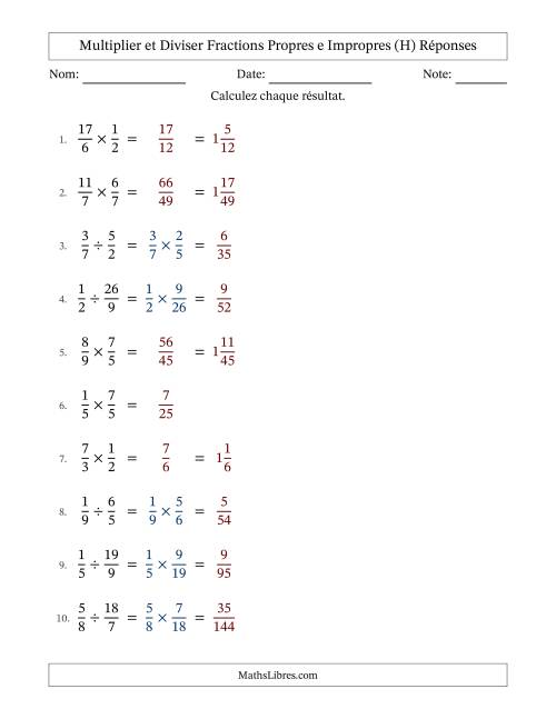 Multiplier et diviser fractions propres e impropres, et sans simplification (H) page 2