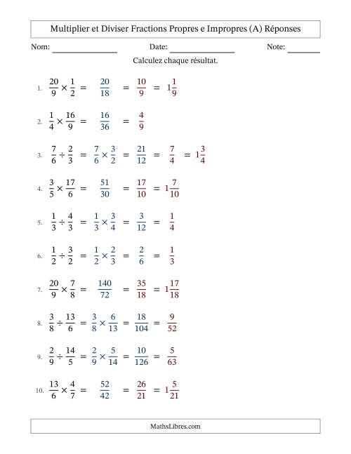 Multiplier et diviser fractions propres e impropres, et avec simplification dans tous les problèmes (A) page 2