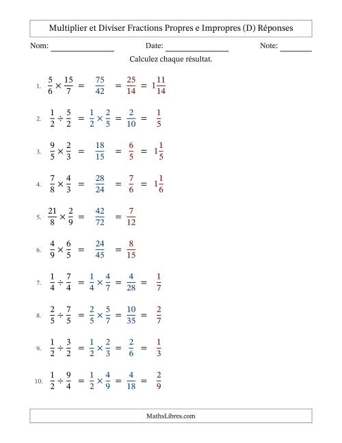 Multiplier et diviser fractions propres e impropres, et avec simplification dans tous les problèmes (D) page 2