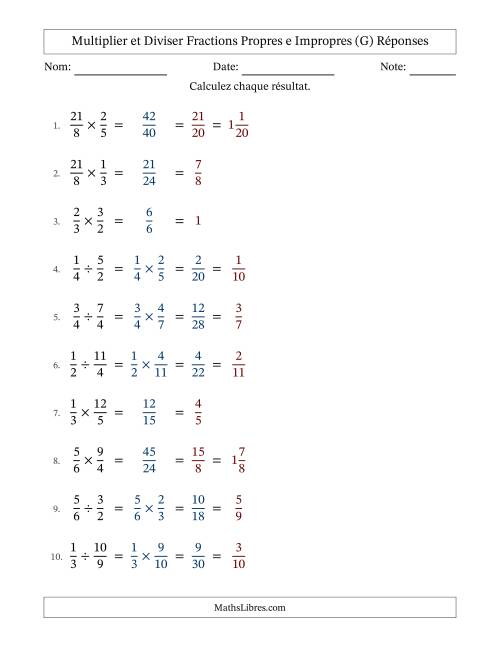 Multiplier et diviser fractions propres e impropres, et avec simplification dans tous les problèmes (G) page 2