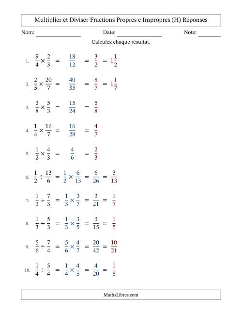 Multiplier et diviser fractions propres e impropres, et avec simplification dans tous les problèmes (H) page 2