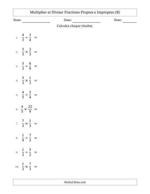 Multiplier et diviser fractions propres e impropres, et avec simplification dans quelques problèmes (B)