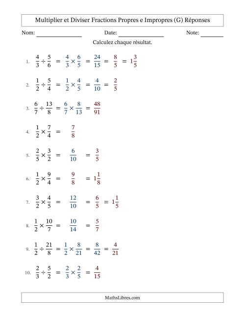 Multiplier et diviser fractions propres e impropres, et avec simplification dans quelques problèmes (G) page 2