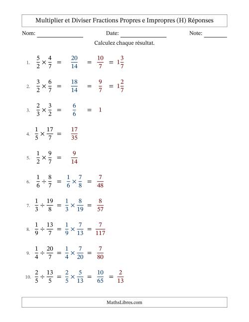Multiplier et diviser fractions propres e impropres, et avec simplification dans quelques problèmes (H) page 2