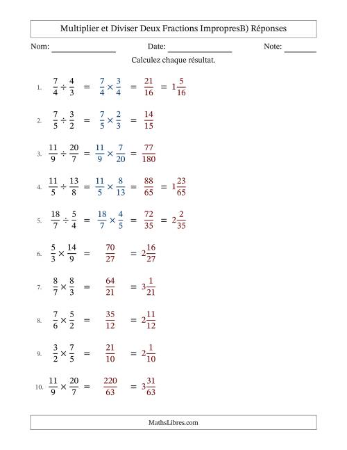 Multiplier et diviser deux fractions impropres, et sans simplification (B) page 2
