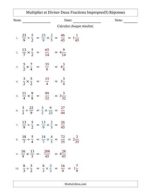 Multiplier et diviser deux fractions impropres, et sans simplification (D) page 2