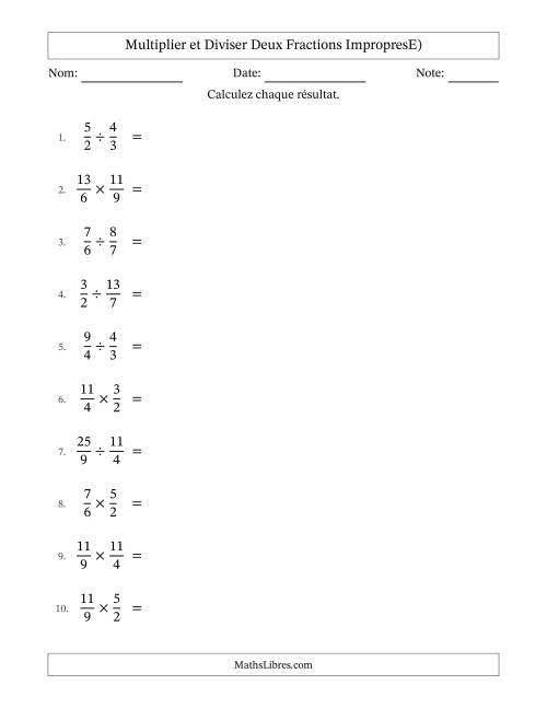Multiplier et diviser deux fractions impropres, et sans simplification (E)
