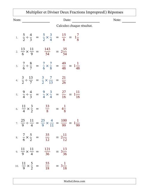 Multiplier et diviser deux fractions impropres, et sans simplification (E) page 2
