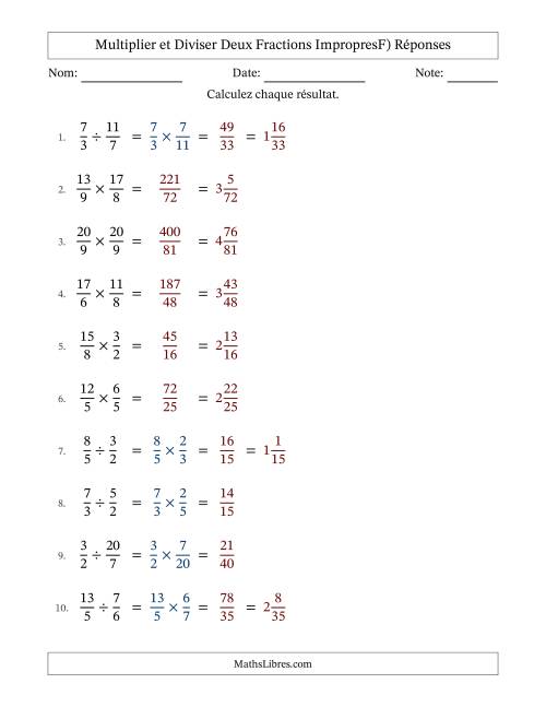Multiplier et diviser deux fractions impropres, et sans simplification (F) page 2