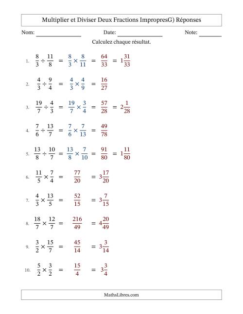 Multiplier et diviser deux fractions impropres, et sans simplification (G) page 2