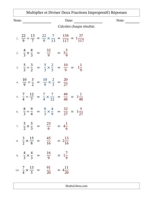 Multiplier et diviser deux fractions impropres, et sans simplification (H) page 2