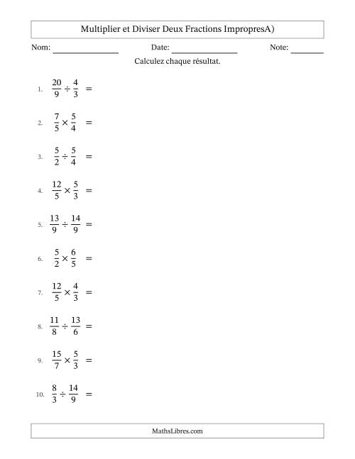 Multiplier et diviser deux fractions impropres, et avec simplification dans tous les problèmes (A)